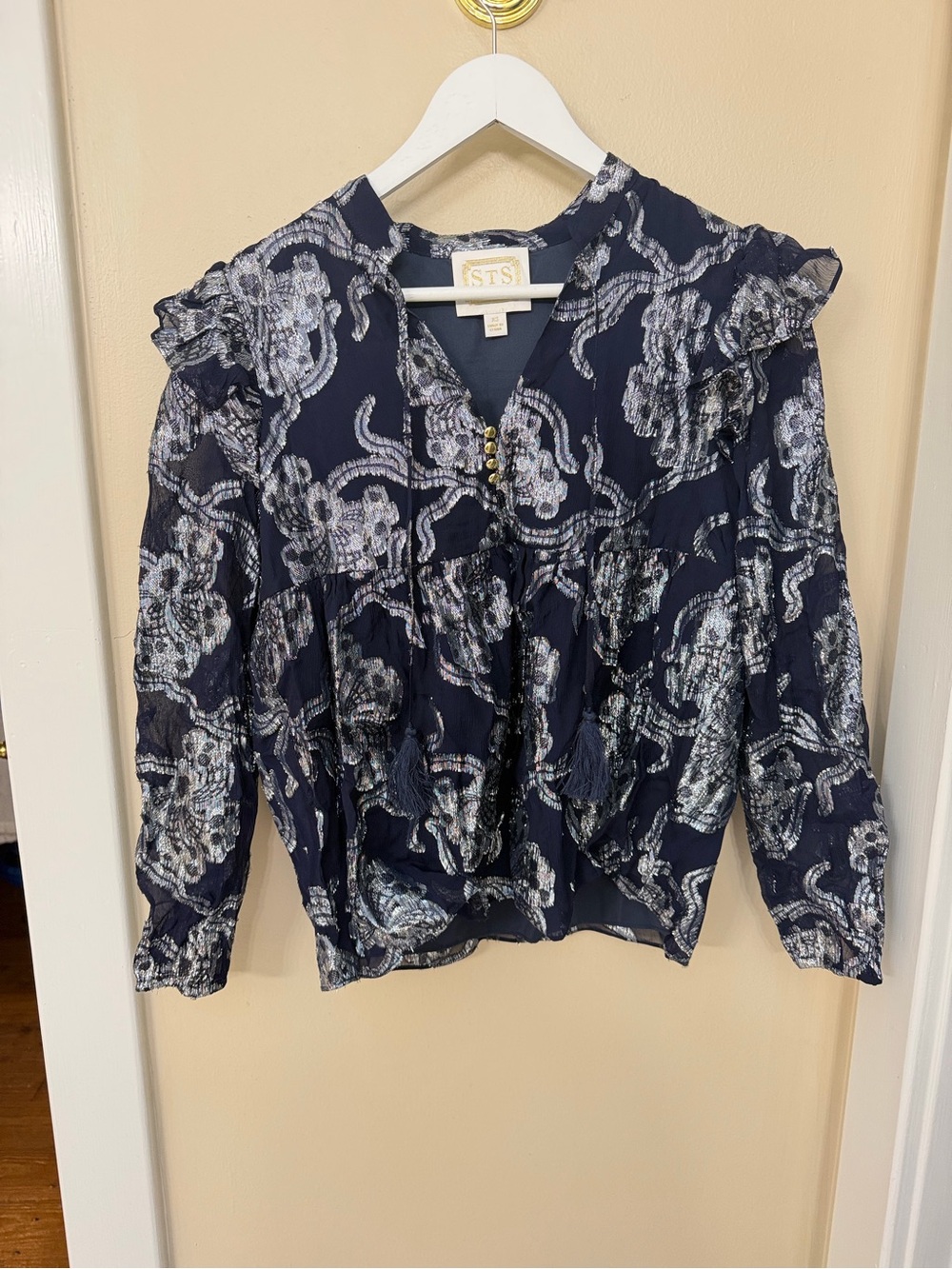 Sail to Sable Navy Floral Ruffle Long-Sleeve Blouse